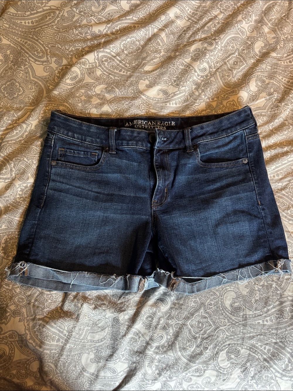 American Eagle Outfitters Dark Blue Frayed Hem Denim Shorts